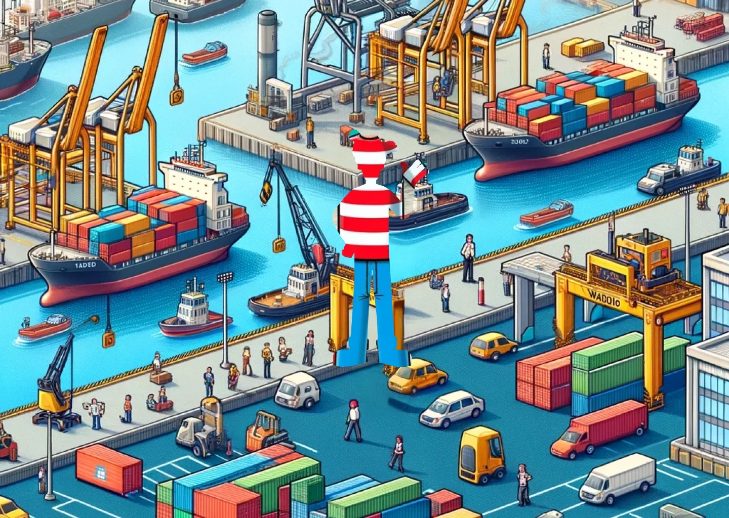 Illustration eines Hafenterminals mit Containerschiffen und Blockchain-Symbolen